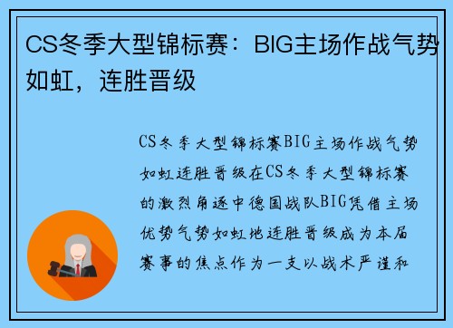 CS冬季大型锦标赛：BIG主场作战气势如虹，连胜晋级
